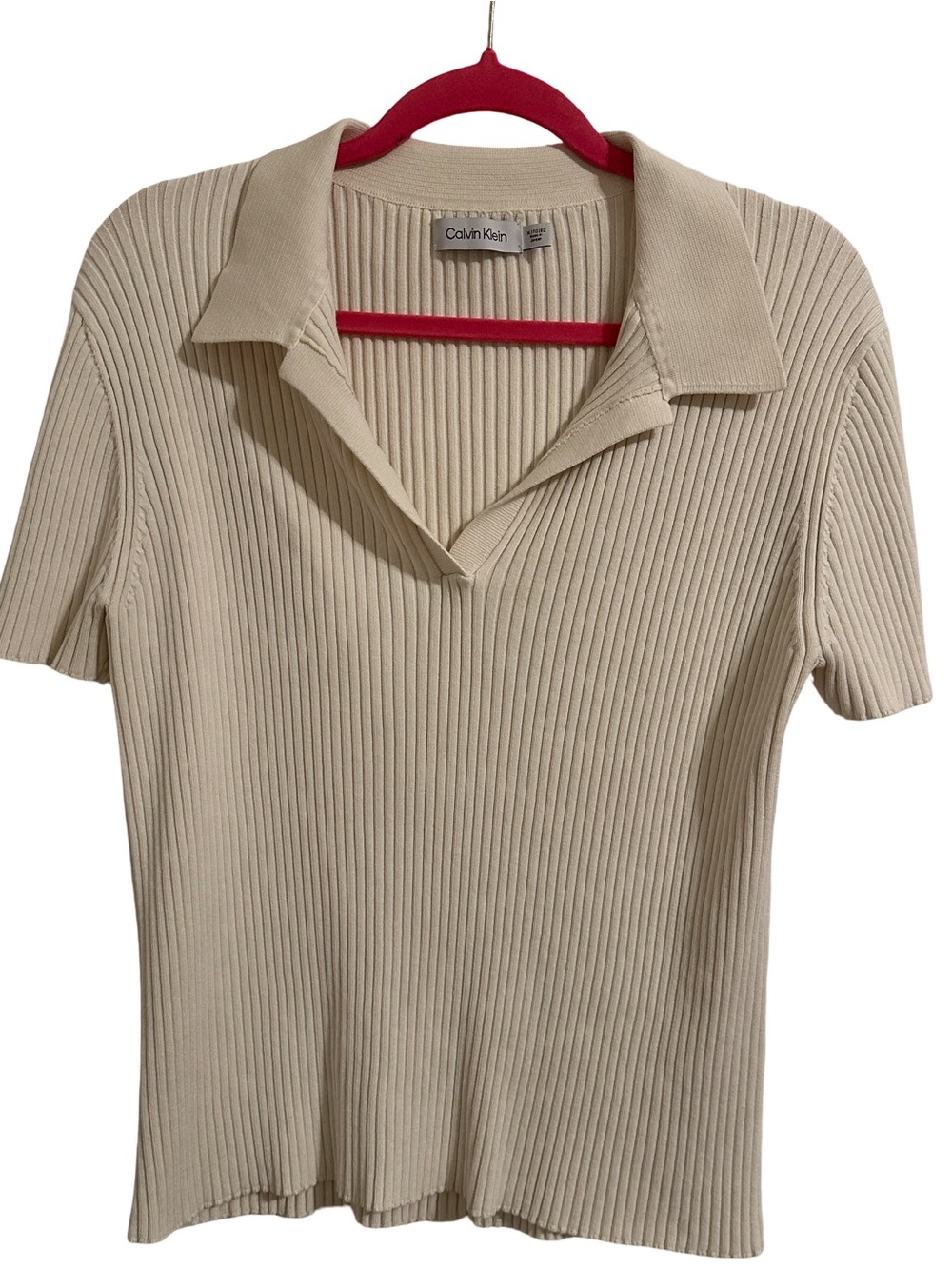 Calvin Klein Cream Ribbed Polo Short Sleeve Top - Picture 1 of 3